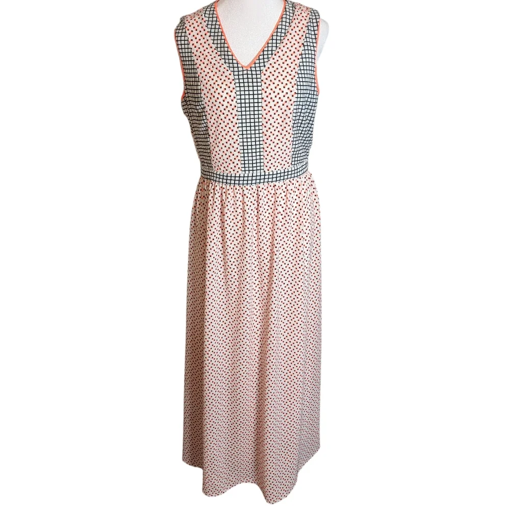 Gibson Latimer Sleeveless Coral/Black V-Neck Midi Dress Size M Geometric‎ Print